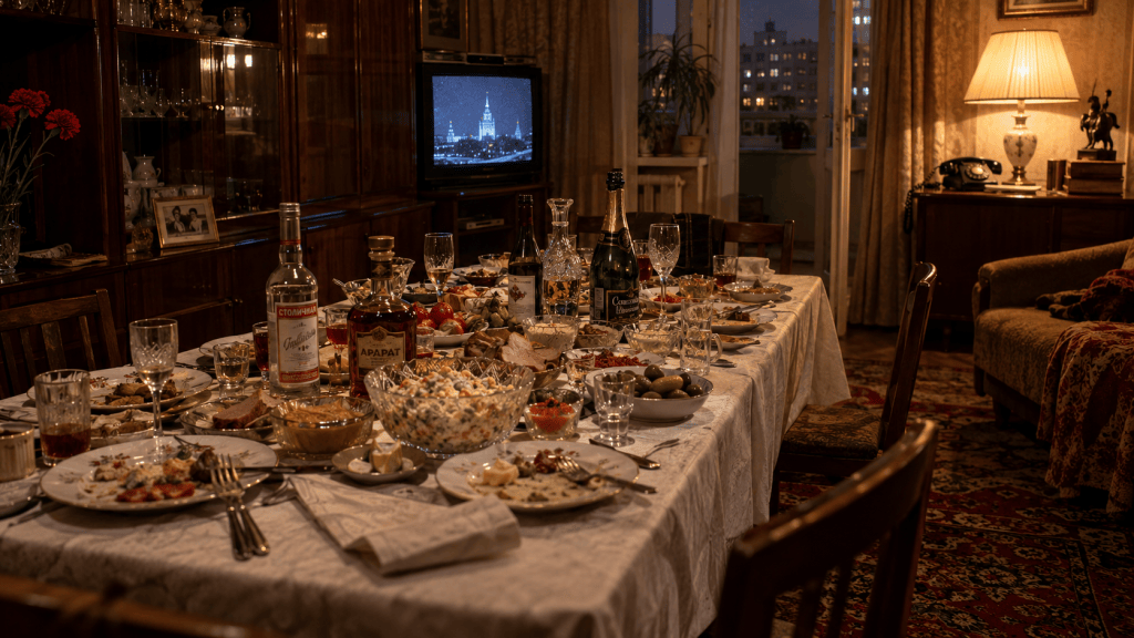 A dining table set for a feast, adorned with various dishes, drinks, and glassware. A vintage television in the background displays a black-and-white image, while the room is lit by a warm lamp and features comfortable seating and decor.